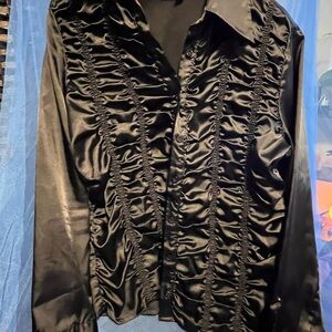 Chic Black Satin Ruffled Blouse